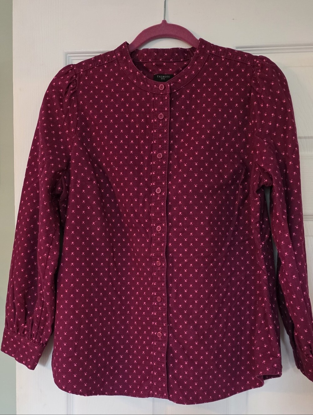 Talbots Plum Corduroy Band Collar Ditsy Floral Print Button Down Shirt Large P